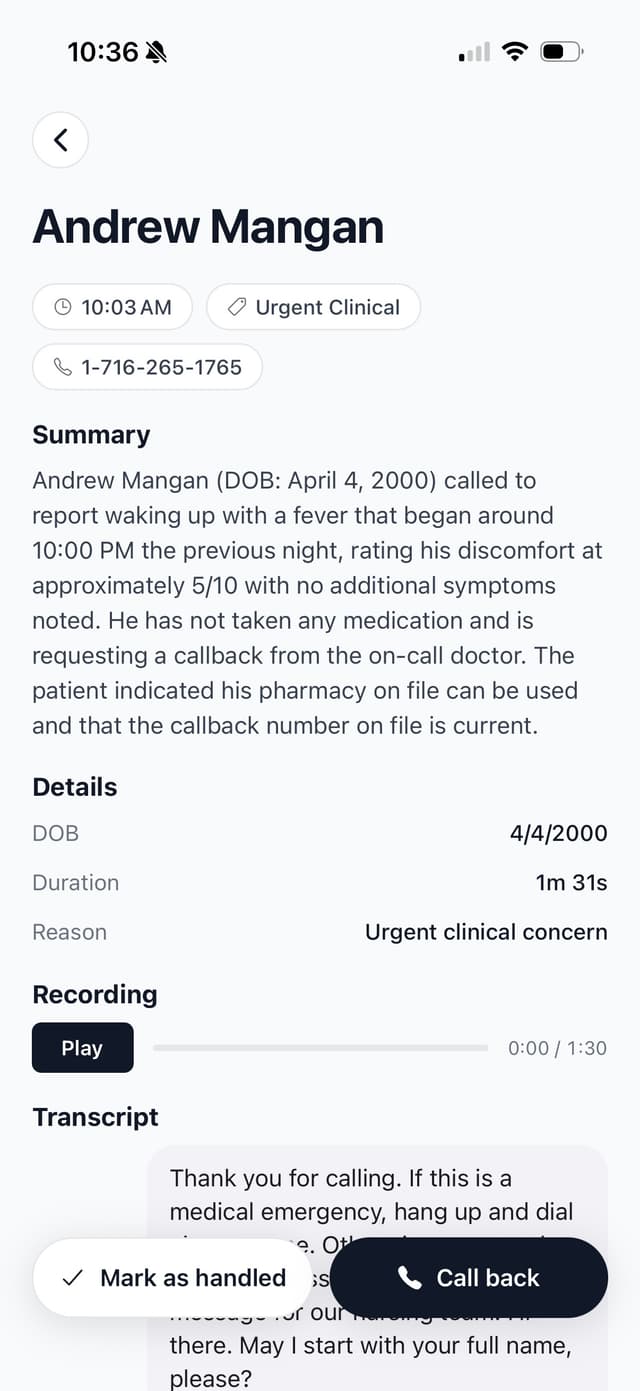 Call detail screen showing summary, patient details, recording player, and transcript